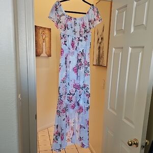 Soft Blue With Pink Floral Off-Shoulder Maxi Dress